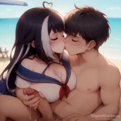 1boy ahoge ai_generated beach big_breasts closed_eyes cumdrip digitalgarbage ejaculation female handjob indie_virtual_youtuber kissing nude_male shylily thick_penis uncensored virtual_youtuber watermark white_shirt