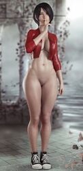 1girls 3d ada_wong ada_wong_(ty_brenneman) asian big_breasts bottomless breasts cleavage female female_focus female_only finger_to_mouth full_cleavage large_breasts looking_at_viewer pussy resident_evil resident_evil_2 shoes short_hair shushing smile solo stevencarson wide_hips