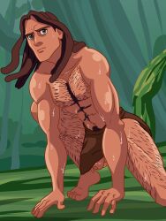 1boy abs barely_clothed barely_visible_genitalia barely_visible_penis biceps big_balls big_penis brown_hair cartoon_emxx detailed detailed_background disney dreadlocks green_eyes hairy hairy_chest hairy_legs hairy_male hi_res highres jungle literature loincloth male male_focus male_only muscular muscular_male naked naked_male nipples nude nude_male pectorals public_domain solo solo_male sweat sweatdrop sweating tarzan tarzan_(1999_film) tarzan_(character) uncircumcised uncut