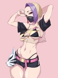 1girls 2d arms_up belt bikini_top blonde_hair catalyst_(fortnite) cowboy_shot female_only fortnite iogrunt mask midriff piercing purple_hair red_eyes short_hair shorts skimpy solo solo_female thong two_tone_hair