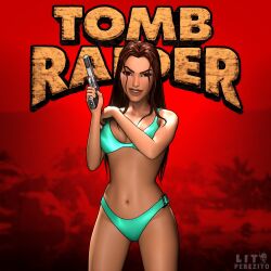 1female 1woman 3d 3d_(artwork) 3d_model british brown_eyes brown_hair daemoncollection eidos female female_focus female_human female_only female_solo hair_down holding_gun lara_croft lara_croft_(classic) light-skinned_female light_skin long_hair looking_at_viewer smiling_at_viewer solo solo_female solo_focus swimsuit tomb_raider