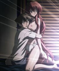 barefoot bed breasts high_school_dxd highres hug huge_breasts hugging hyoudou_issei hyouju_issei large_breasts nipples non-web_source nude panties red_hair rias_gremory school_uniform shirt stitched underwear white_panties white_shirt