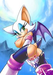 anthro anus ass big_breasts breasts female_only looking_at_viewer masturbation nipples pussy rear_view sonic_(series) sonic_the_hedgehog_(series) squirting tojyo torn_clothes