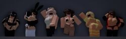 3d 6girls abigail_(rusmynth) big_breasts black_hair black_hat brown_hair bunny_ears bunnysuit censor_bar censored_eyes ellie_(rusmynth) grey_background iris_(rusmynth) olivia_(rusmynth) original_character roblox robloxian roxanne_(rusmynth) rusmynth smile sofia_(rusmynth) tagme tongue_out yellow_clothes