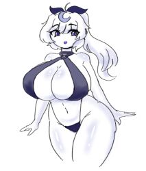 big_breasts bikini blue_eyes breasts breasts_bigger_than_head crescent curvy_figure dracoarcto hair_ribbon large_breasts looking_at_viewer lune_(yraisel) original ponytail surprised_expression swimsuit tagme thick_thighs voluptuous white_body white_skin