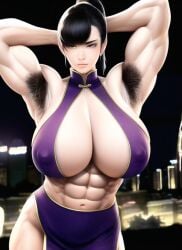 abs ai_generated armpit_hair armpits excessive_armpit_hair female_armpit_hair hairy_armpits hands_behind_head huge_breasts muscular_female original_character solo