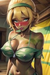 ai_generated bikini_zombie bikini_zombie_(pvz) blonde_hair blush brazilian headband kissing plants_vs_zombies