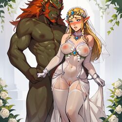 1boy 1girls ai_generated bride extnctionist ganondorf gloves implied_marriage nintendo pony_diffusion_xl princess_zelda the_legend_of_zelda wedding_attire wedding_dress wedding_veil