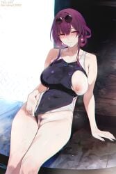 alternate_costume bare_arms bare_shoulders black_one-piece_swimsuit blush breasts closed_mouth clothed clothing_aside covered_navel eyewear_on_head female female_pubic_hair highres honkai:_star_rail honkai_(series) kafka_(honkai:_star_rail) large_breasts looking_at_viewer misaka_12003-gou nipples one-piece_swimsuit pince-nez pubic_hair purple_eyes purple_hair pussy smile solo sunglasses swimsuit swimsuit_aside thighs wet wholesome