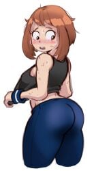 arched_back ass black_tank_top blush brachyzoid breasts brown_hair clothes_lift female looking_back medium_breasts my_hero_academia ochako_uraraka pants shirt_lift sweat tank_top