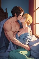 1boy 1boy1girl ai_generated attack_on_titan bare_shoulders barely_clothed barely_covered_breasts bed bed_sheet bedframe bedroom blonde_hair blue_blanket blue_eyes breasts christa_lenz cleavage couple couple_(romantic) dark_brown_hair embracing erehisu eren_jaeger female hair_tied historia_reiss illustration im_whoop kissing loving_couple male morning_after muscular_male peaceful romantic_couple shingeki_no_kyojin sunlight window