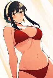 1girls ai_generated belly_button big_breasts bikini black_hair breasts busty cleavage curvy earrings female female_only headband jei_games looking_at_viewer navel red_bikini red_eyes smile solo spy_x_family tied_hair yor_briar yor_forger