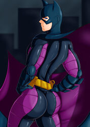 1boy ass batgirl batgirl_(stephanie_brown) batman_(series) big_ass blue_eyes bodysuit bubble_butt cape city_background clothed dc dc_comics elbow_pads from_behind gasaiv genderbend genderswap genderswap_(mtf) hands_on_hips light_skin looking_at_viewer looking_back male male_only mask muscular presenting_hindquarters rule_63 skin_tight skyline skyscraper solo stephanie_brown thick_thighs utility_belt wrist_cuffs