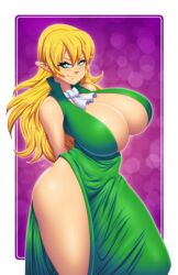 big_breasts blue_eyes cleavage elf huge_breasts looking_at_viewer lumiere_(acesr) thick_thighs thighs tight_clothing tight_dress witchking00