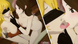 2girls 2koma 3d areolae ass black_gloves blindfold blonde_hair blush bondage boots breasts brown_eyes brown_hair chin_grab closed_mouth comic female female_only femdom femsub french_kiss from_above gloves kallenz kissing large_breasts long_hair looking_at_another multiple_females multiple_girls neo_(rwby) nipples nude on_floor open_mouth pink_hair restrained rwby small_breasts smile source_filmmaker tongue tongue_out two_tone_hair white_footwear wooden_floor yang_xiao_long yuri