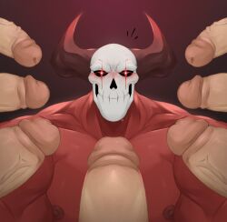 6+boys blush demon erection faceless_male gay horns human humanoid imminent_sex male male_only muscular muscular_male nalnahi1 penis red_body red_skin skeleton yeves