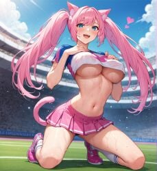 1girls 2d ai_generated athletic big_breasts blue_eyes breasts cat_ears cat_girl cat_tail catgirl cheerleader cheerleader_costume cheerleader_outfit cheerleader_uniform cleavage cosplay curvy_female excited female female_focus fit_female front_view girl heart hearts_around_head huge_breasts humanoid kanako kanako_vt kneeling kneeling_female knees legs_apart lewdtuber light_skin long_hair long_socks looking_at_viewer mature_female mature_woman midriff midriff_baring_shirt miniskirt neko outfit pale_skin pink_hair pose school_girl sfw shiny_skin skirt solo sweat sweating thick_thighs twintails underboob virtual_youtuber