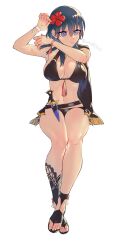 1girls alternate_costume bare_shoulders belt bikini black_belt black_bikini black_cape black_footwear black_swimsuit blue_eyes blue_hair breasts byleth_(female)_(fire_emblem) byleth_(female)_(summer)_(fire_emblem) byleth_(fire_emblem) cape cleavage commentary_request dagger female female_only fire_emblem fire_emblem:_three_houses fire_emblem_heroes flower full_body groin hair_between_eyes hair_flower hair_ornament hands_up highres invisible_chair knife large_breasts long_hair looking_to_the_side mano_(m1n0f2e1) midriff navel nintendo official_alternate_costume parted_lips ribbon sandals sheath sheathed sidelocks simple_background sitting solo swimsuit twitter_username weapon white_background wrist_ribbon