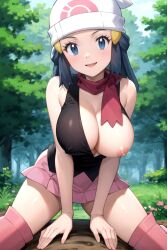 1girls ai_generated aindroidparanoid blue_eyes blue_hair breasts dawn_(pokemon) female forest grass happy hat huge_breasts human kneeling nintendo one_breast_out outdoors pokemon smile stable_diffusion stockings tight_clothing