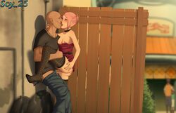 1boy 1girls ass ass_grab bald blush boruto:_naruto_next_generations breasts closed_eyes clothing dress ear_piercing earrings erection female fishnet_legwear fishnet_pantyhose fishnet_stockings fishnet_thighhighs french_kiss french_kissing fully_clothed green_eyes green_nails hair_bun hand_on_ass heels high_heels kissing kissing_while_penetrated leg_grab leg_lift leg_up light-skinned_male light_skin lipstick male male_penetrating mature_female milf moustache nail_polish naruto naruto_shippuden nipples older_female open_mouth original_character outdoors outercourse outside pale-skinned_male pale_skin penetration penis pink_hair prostitute prostitution pussy red_lipstick sakura_haruno sandals scy_25 sex shirt_down short_dress standing_on_one_leg standing_sex stockings straight tan_skin thick_thighs undressing unzipped vagina vaginal_penetration