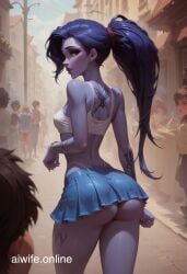 ai_generated aiwife.online ass_exposed ass_focus female female_focus miniskirt naked overwatch pleated_skirt solo_focus uncensored widowmaker