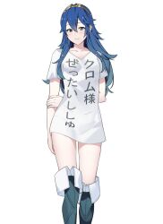 1girls alternate_costume ameno_(a_meno0) blue_eyes blue_footwear blue_hair blush boots breasts closed_mouth collarbone female female_only fire_emblem fire_emblem_awakening japanese_text long_hair looking_at_viewer lucina_(fire_emblem) naked_shirt nintendo shirt short_sleeves simple_background small_breasts smile solo text thighs tiara translated white_background white_shirt