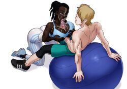 1boy 1girls artist_request big_breasts big_penis chocolate_paizuri cum cum_on_breasts cum_on_face dark-skinned_female dark_skin exercise_ball female fit gym gym_clothes light-skinned_male light_skin male paizuri paizuri_under_clothes sex sexercise thick_penis very_dark_skin workout_clothes