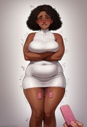 1girls ai_generated arms_crossed_under_breasts chubby chubby_female clothed curly_hair dark-skinned_female dark_skin female female_focus large_breasts latex latex_dress lipbite orgasm orgasm_control remote_control remote_control_vibrator solo_focus trying_not_to_cum vibrator_cord white_latex