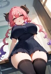 ai_generated bare_thighs braided_hair dragon_girl dragon_horns gigantic_breasts horn horns huge_breasts huge_thighs ilulu_(dragon_maid) kobayashi-san_chi_no_maidragon light-skinned_female light_skin livefrog looking_at_viewer massive_breasts multicolored_hair pink_eyes pink_hair short_dress shortstack solo_female squatting stockings sweat sweatdrop thick_body thick_female thick_thighs thighs voluptuous voluptuous_female