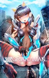 black_hair blue_eyes blush boots breasts building city collarbone day denkou_choujin_gridman denkou_choujin_gridman:_boys_invent_great_hero destruction elbow_gloves eyebrows_visible_through_hair female fingerless_gloves giantess gloves headgear high_heels highres long_hair looking_at_viewer mecha_musume medium_breasts midriff nose_blush open_mouth outdoors rubbing sidelocks silly_(marinkomoe) size_difference solo ssss.gridman suggestive_fluid takarada_rikka thigh_boots thighhighs thong