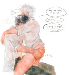 2boys akoku anger_vein annoyed ass_grab black_hair bottomless dialogue english_text gay gintama gintoki_sakata groping groping_ass hijikata_toshiro male male_only open_shirt profile school_uniform schoolboy side_view sitting sleeves_rolled_up white_hair yaoi