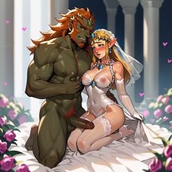 1boy 1girls ai_generated bride extnctionist ganondorf gloves high_heels implied_marriage nintendo pony_diffusion_xl princess_zelda the_legend_of_zelda wedding_attire wedding_dress wedding_veil