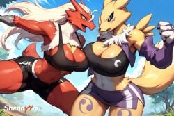 2girls 4_fingers action_pose ai_generated anthro avian bandai_namco big_breasts bike_shorts black_clothing black_sclera blaziken blonde_hair blue_eyes crossover digimon digital_media_(artwork) female female_blaziken female_only fighting fur furry furry_only game_freak hi_res highres landscape long_tail looking_each_other nintendo pokemon pokemon_(species) red_body renamon shennyyou short_tail sports_bra sportswear vulpine yellow_fur yellow_sclera