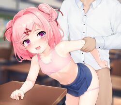 1boy 1female 1girls 1male 5_fingers artist_name blue_skirt blush blush_lines blushing bra clothes clothing desk doki_doki_literature_club eroneko eroneko-senpai eroneko_senpai hair_intakes implied_penetration implied_sex mouth_open natsuki_(doki_doki_literature_club) navel open_mouth panties panties_down pink_bra pink_eyebrows pink_hair pink_panties pink_sports_bra school_desk skirt sports_bra