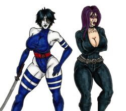 2girls arms_crossed arms_under_breasts ass belt betsy_braddock big_breasts black_bodysuit black_clothing black_hair black_lips blue_eyes bodysuit boots breasts choker cleavage clothed clothing clothing_swap cosplay curvy curvy_female curvy_hips dark_hair domino_(cosplay) domino_(marvel) eye_makeup female female_only holding_sword holding_weapon human katana large_ass large_breasts legs leotard lipstick long_gloves long_hair looking_at_viewer makeup marvel merc_kaiju mutant neena_thurman outfit_swap psylocke psylocke_(cosplay) purple_eyes purple_hair purple_lipstick self_upload short_hair smirk smirking sword thick_thighs thigh_high_boots thighs tight_clothes tight_clothing traditional_art traditional_drawing_(artwork) traditional_media traditional_media_(artwork) weapon white_background white_skin wide_hips x-force x-men