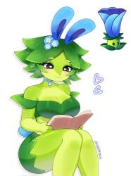 1girls anthro bare_shoulders blue_ears blue_flowers chibi chikomokii clavicle cleavage cute cute_face electronic_arts flower flower_on_head flowers green-skinned_female green_body green_hair green_skin heart-shaped_pupils holding_book hybrid knees_together leaf_hair long_ears long_neck moonflower_(pvz) morning_glory neck neckwear not_porn off_shoulder open_book petals plant plant_girl plants_vs_zombies plants_vs_zombies_2:_it's_about_time rabbit_ears rabbit_girl reading reading_book short_hair shy_smile sitting slim_waist solo thin_neck white_background wholesome