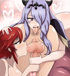 1boy 2girls anilingus anus ass balls blue_plate_special camilla_(fire_emblem) collaborative_fellatio fellatio female female_rimming_male fire_emblem fire_emblem_fates glazinbuns hinoka_(fire_emblem) kiss_mark lipstick_mark lipstick_on_balls long_hair male male_anilingus nude open_mouth penis purple_hair rainbow_party red_hair rimming rusty_bagpipes short_hair teamwork testicles