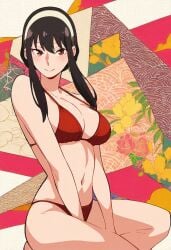 1girls ai_generated background belly_button big_breasts bikini black_hair breasts busty cleavage curvy earrings female female_only headband jei_games looking_at_viewer navel pose red_bikini red_eyes sitting smile solo spy_x_family tied_hair yor_briar yor_forger