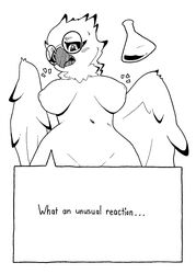 2018 absurd_res amelia_abernachy anthro avian beak bird black_feathers black_sclera breast_expansion breasts dialogue english_text eyewear feathered_wings feathers female glasses hi_res inverted_nipples nipples non-mammal_breasts nude owl pashoo potion sanctuaryowl simple_background slightly_chubby snowy_owl solo text white_feathers wide_hips wings