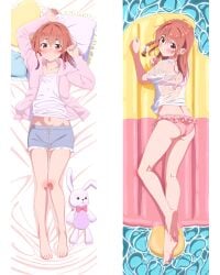 arms_up ass back bare_legs bare_thighs barefoot belly_button bikini blush dakimakura dakimakura_design feet kanojo_okarishimasu knee_blush long_hair lying mouth_closed official_art pillow pool red_eyes red_hair sakurasawa_sumi shirt shorts thighs toes water wet_shirt