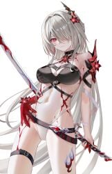 1girls absurdres acheron_(honkai:_star_rail) bare_shoulders belt black_belt black_choker blhazx breasts choker cleavage cowboy_shot female female female_only flower grey_hair hair_flower hair_intakes hair_ornament hair_over_one_eye halterneck highres holding holding_sword holding_weapon honkai:_star_rail honkai_(series) large_breasts leg_tattoo long_hair looking_at_viewer midriff navel official_alternate_color red_eyes red_flower revision scabbard sheath sheathed simple_background solo standing stomach sword tattoo thigh_strap thighs very_long_hair weapon white_background