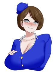 big_breasts blush breasts brown_hair bust_portrait grey_eyes jcdr melinda_(starstruck_vagabond) nervous_smile starstruck_vagabond uniform