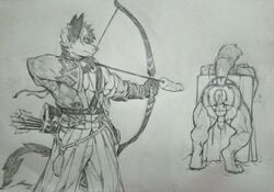 2boys anthro anus balls bound bow_(weapon) canid canine clothed clothing dildo erection gay hi_res imminent_anal jacketbear male male_only mammal nude penis ranged_weapon sex_toy sketch weapon yaoi