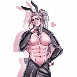 1boy bunny_boy bunny_ears bunny_tail bunnysuit exposed_torso green_eyes hand_on_chin hand_on_hip heart heartsteel_series heartsteel_yone league_of_legends long_hair male muscular penis_bulge ponytail red_hair reverse_bunnysuit solo solo_male tight_clothing veiny_belly white_hair yone