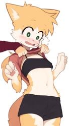 anthro assisted_exposure blush bra embarrassed midriff riley_(rolo_stuff) shorts underboob yoako