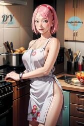 1girls ai_generated apron bare_shoulders bindi boruto:_naruto_next_generations bowl bracelet breasts chef clavicle collarbone cooking coral_pink_hair deltoids eyebrows eyes female female_only floral_print forehead_jewel fruit_bowl hair hairband indoors kitchen light-skinned_female light_skin lips looking_at_viewer medium_hair naked_apron naruto pink_hair pink_lips ramen realistic_proportions red_hairband sakura sakura_haruno shoulders solo underwear watermark white_apron