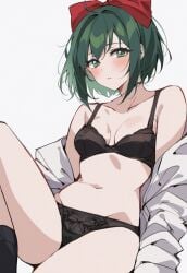 1girls :o ai_generated black_bra black_panties black_socks blush bra breasts collarbone dark_green_hair eyes female green_eyes green_hair gumi hair_bow lace_panties mai_shishikusa masa_works_design matching_hair/eyes milua novelai off_shoulder onibi_series panties parted_lips pony_diffusion_xl red_bow self_upload short_hair simple_background small_breasts socks solo solo_female teeth underwear vocaloid white_background