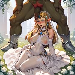 1boy 1girls ai_generated bride extnctionist ganondorf gloves implied_marriage nintendo pony_diffusion_xl princess_zelda the_legend_of_zelda wedding_attire wedding_dress wedding_veil