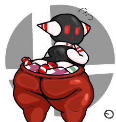 1girls ass_bigger_than_head ass_focus big_ass black_body bubble_butt candy chubby chubby_female dark_skin gift_box huge_ass humanoid leggings lewdewott looking_at_viewer looking_back monster_girl nintendo poppant presents red_clothes red_eyes red_pants super_smash_bros. super_smash_bros._brawl tagme thick_ass thick_thighs unknown_species wide_hips