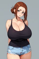 ai_generated brunette_hair gigantic_breasts gilaruvia hair_bun huge_breasts jean_shorts kaii_to_otome_to_kamikakushi light-skinned_female light_skin looking_at_viewer massive_breasts mature_female milf purple_eyes sumireko_ogawa tank_top thick_thighs thighs voluptuous voluptuous_female